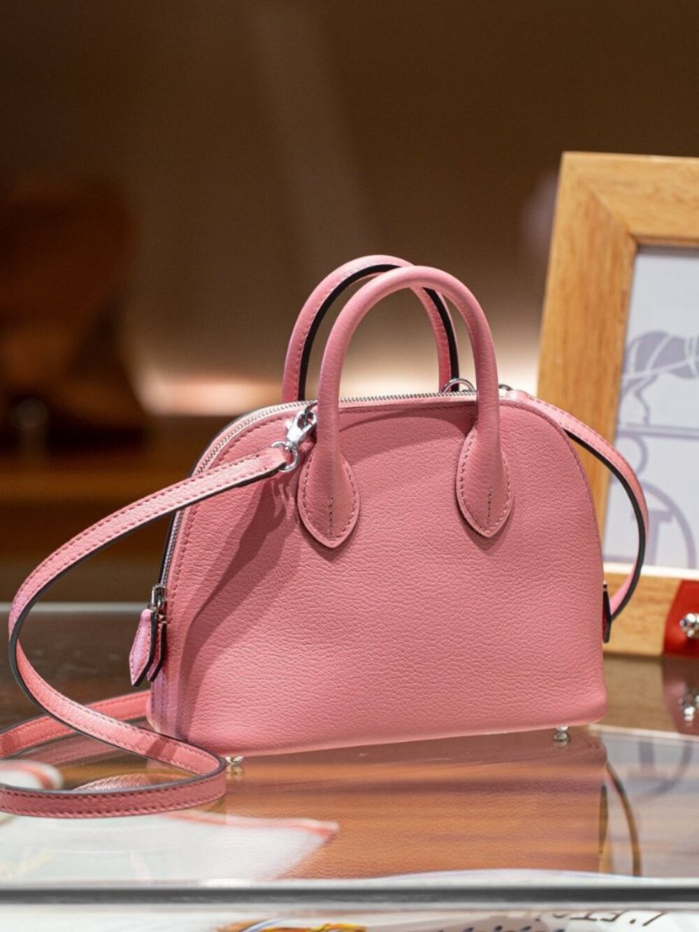 Chic Pink Leather Bowling Bag | Elegant 18cm Mini Shell Satchel